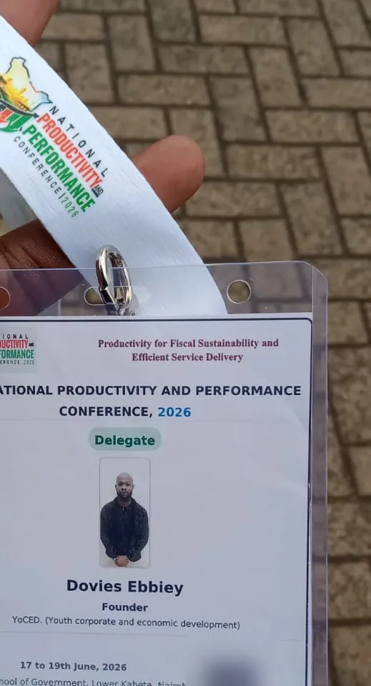A delegate pass for the National Productivity and Performance Conference 2026, naming Dovies Ebbiey, Founder, YoCED (Youth Corporate and Economic Development)