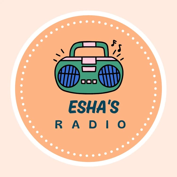 Esha’s Radio logo with a green radio illustration on a peach circle