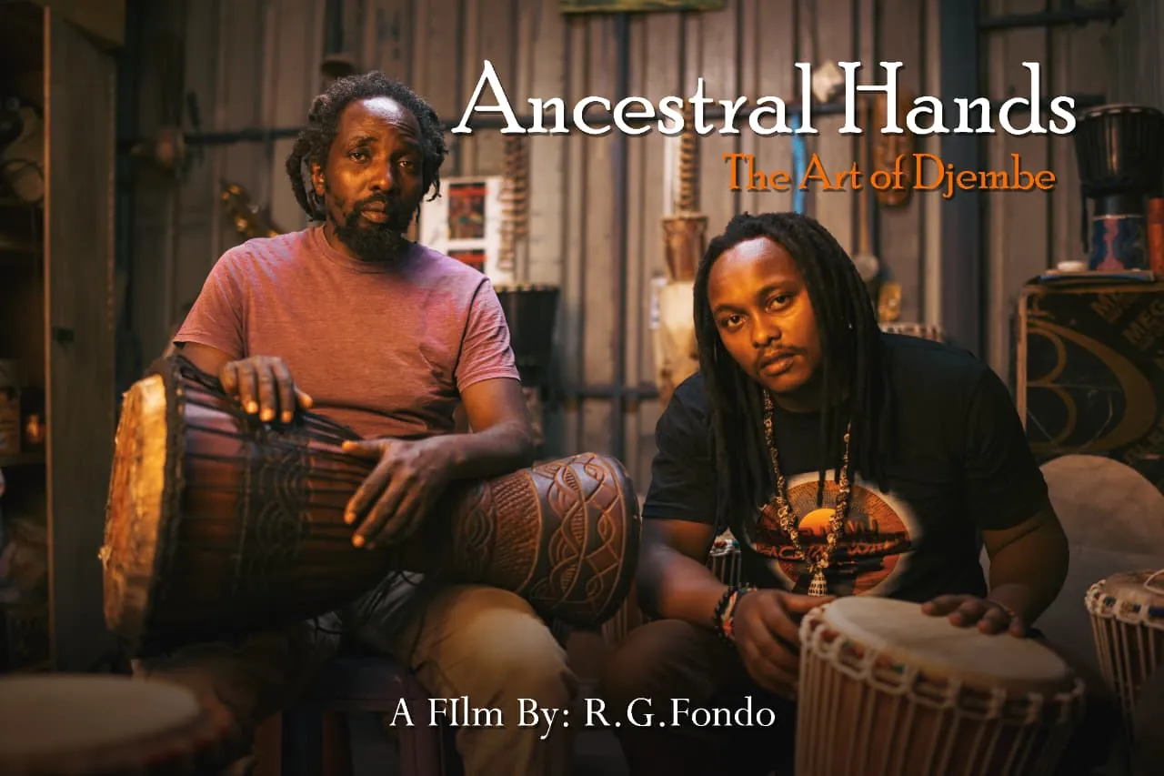 Key art for the film Ancestral Hands: The Art of Djembe, showing two drum makers seated with djembes in a workshop