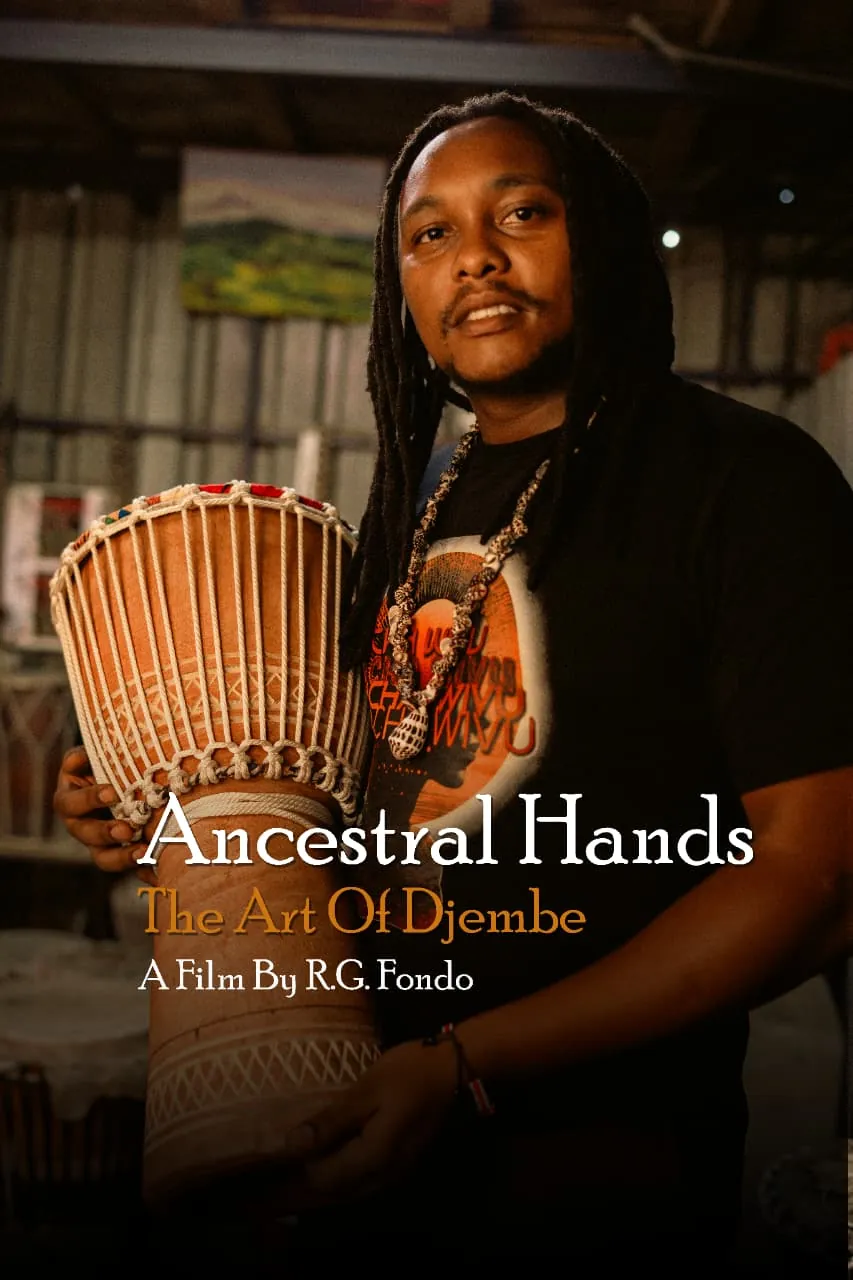 Portrait poster for the film Ancestral Hands: The Art of Djembe, a drum maker holding a finished djembe