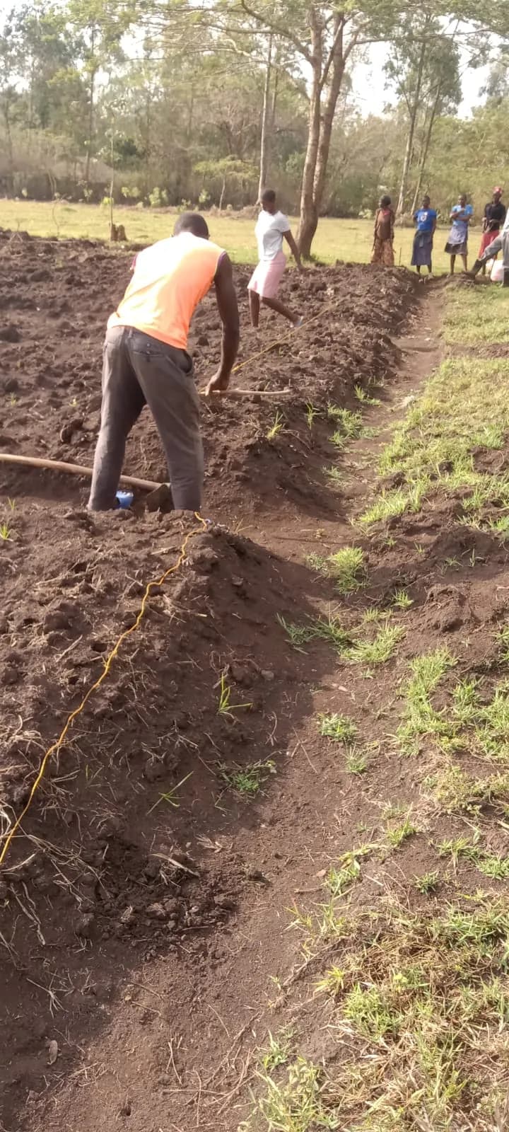 A person in a high-visibility vest opening a furrow with a hoe