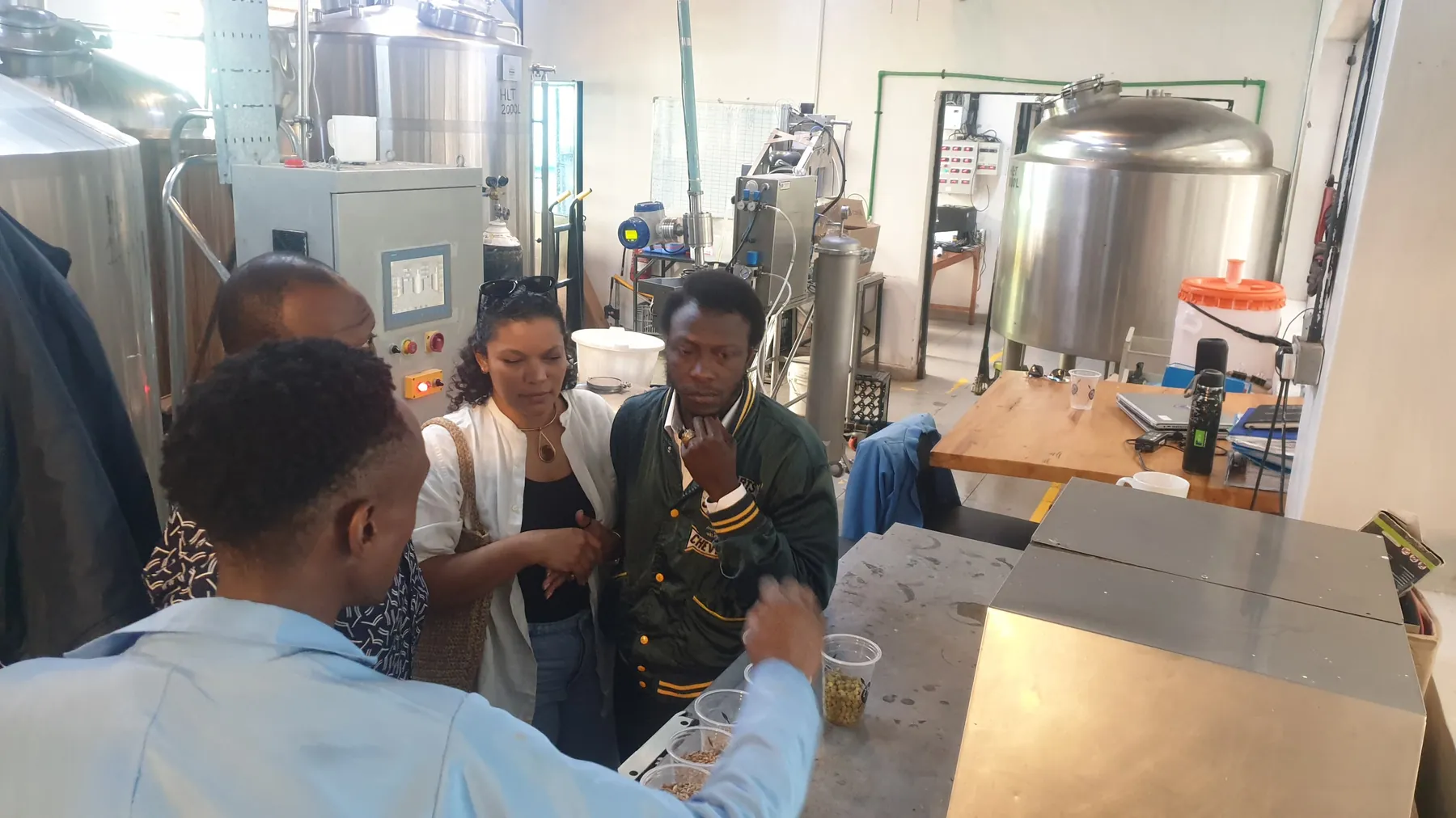 A small group on a brewery floor examining cups of grain and hops beside the fermentation vessels